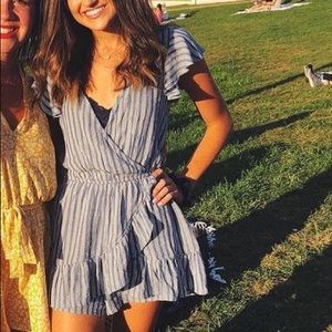 American Eagle Striped Ruffly Romper - Blue&White
